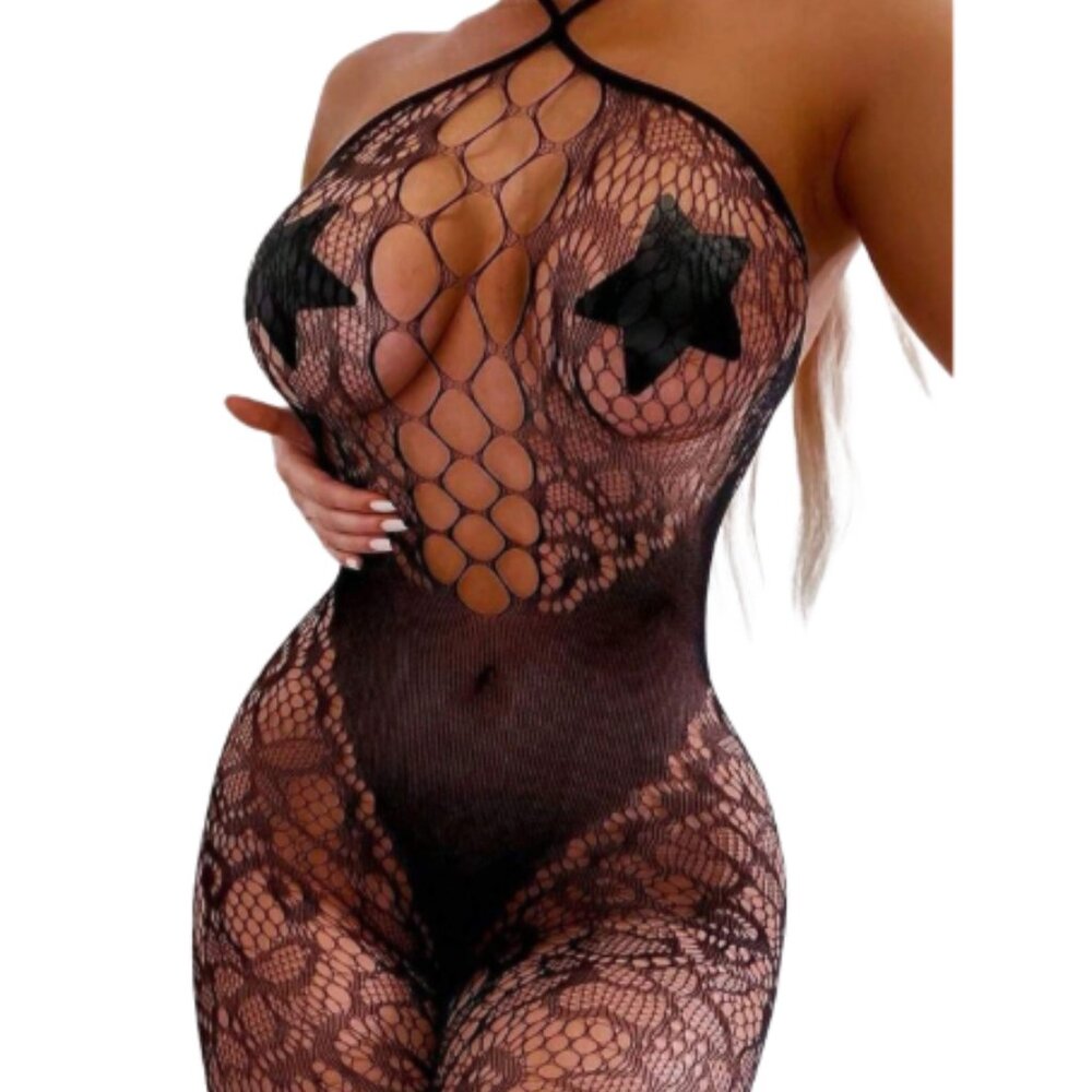 Sultry Elegance Bodystocking - Exquisite Off-Shoulder Fishnet Lingerie